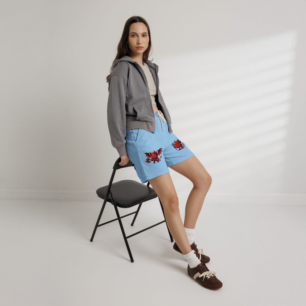 Devil Doodle Fleece Sweat Shorts — Cute Red Demon Graphic Lounge Shorts