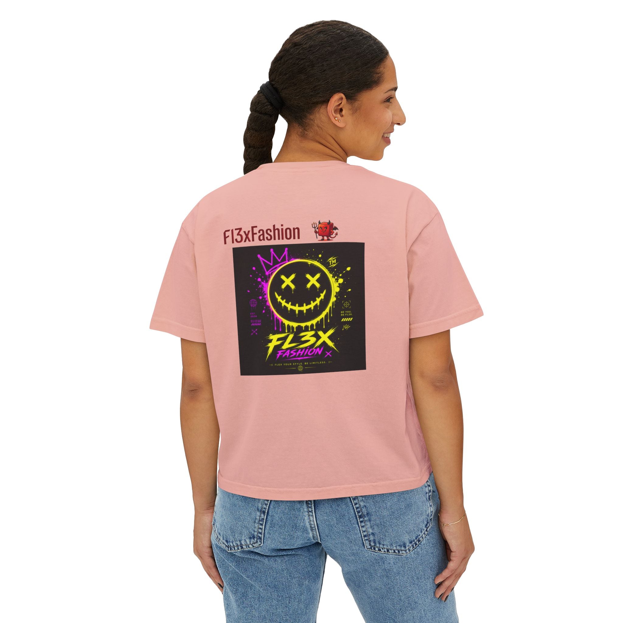 Women's Boxy Tee - Neon Smiley "FL3X" Graphic Streetwear