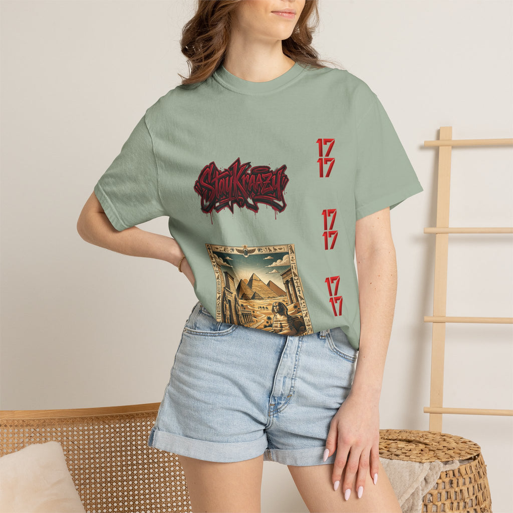 Graphic T-Shirt — Vintage Pyramid Collage with 'Wanted' Drip Design
