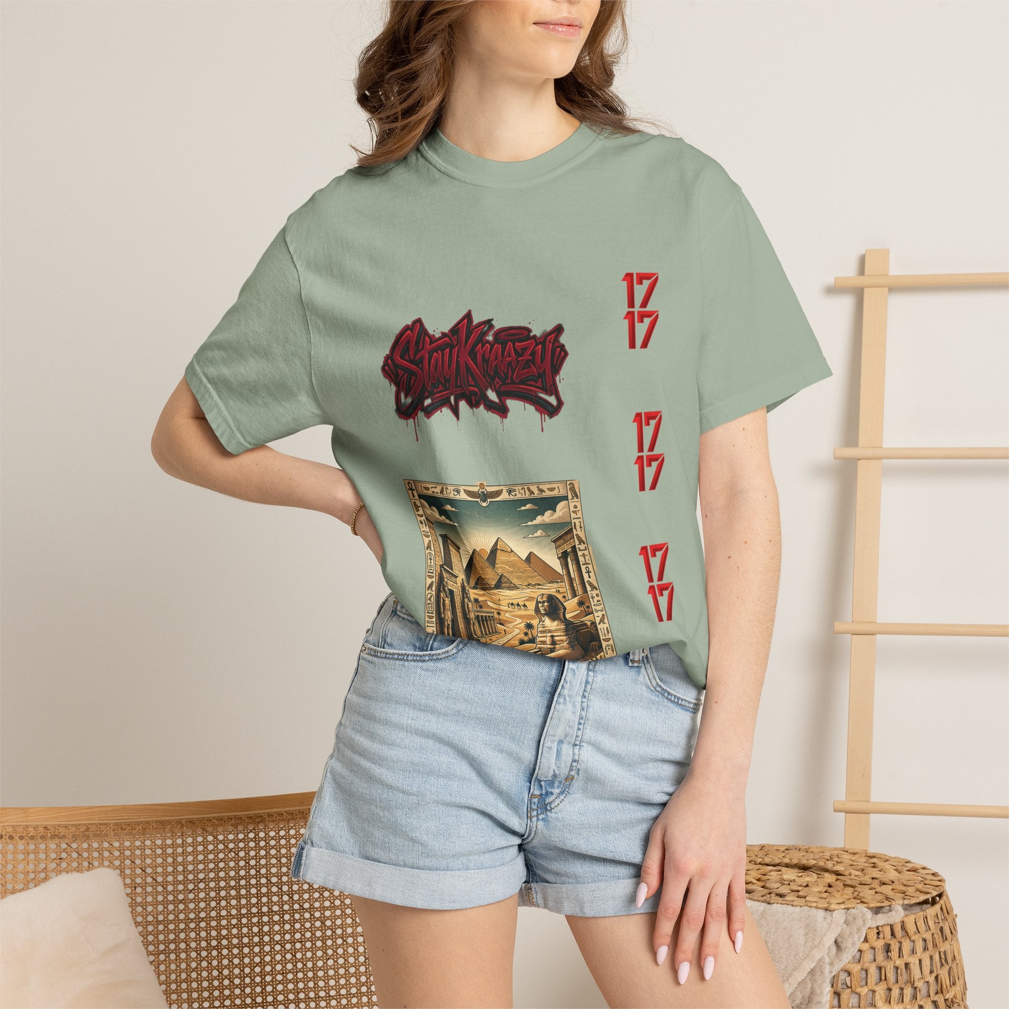 Graphic T-Shirt — Vintage Pyramid Collage with 'Wanted' Drip Design