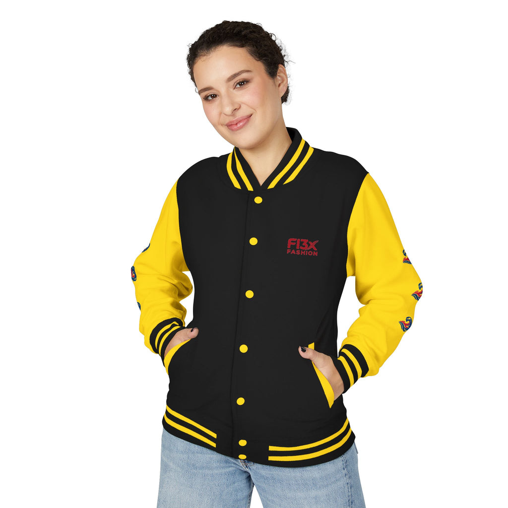 Letterman Jacket — Red Wave Graphic Varsity Jacket with 'F13X Fashion' Logo