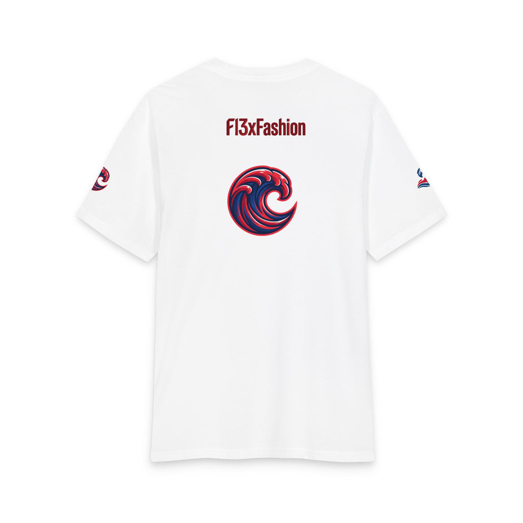 Graphic Tee — 'F13x Fashion' Red & Blue Wave Art T-Shirt