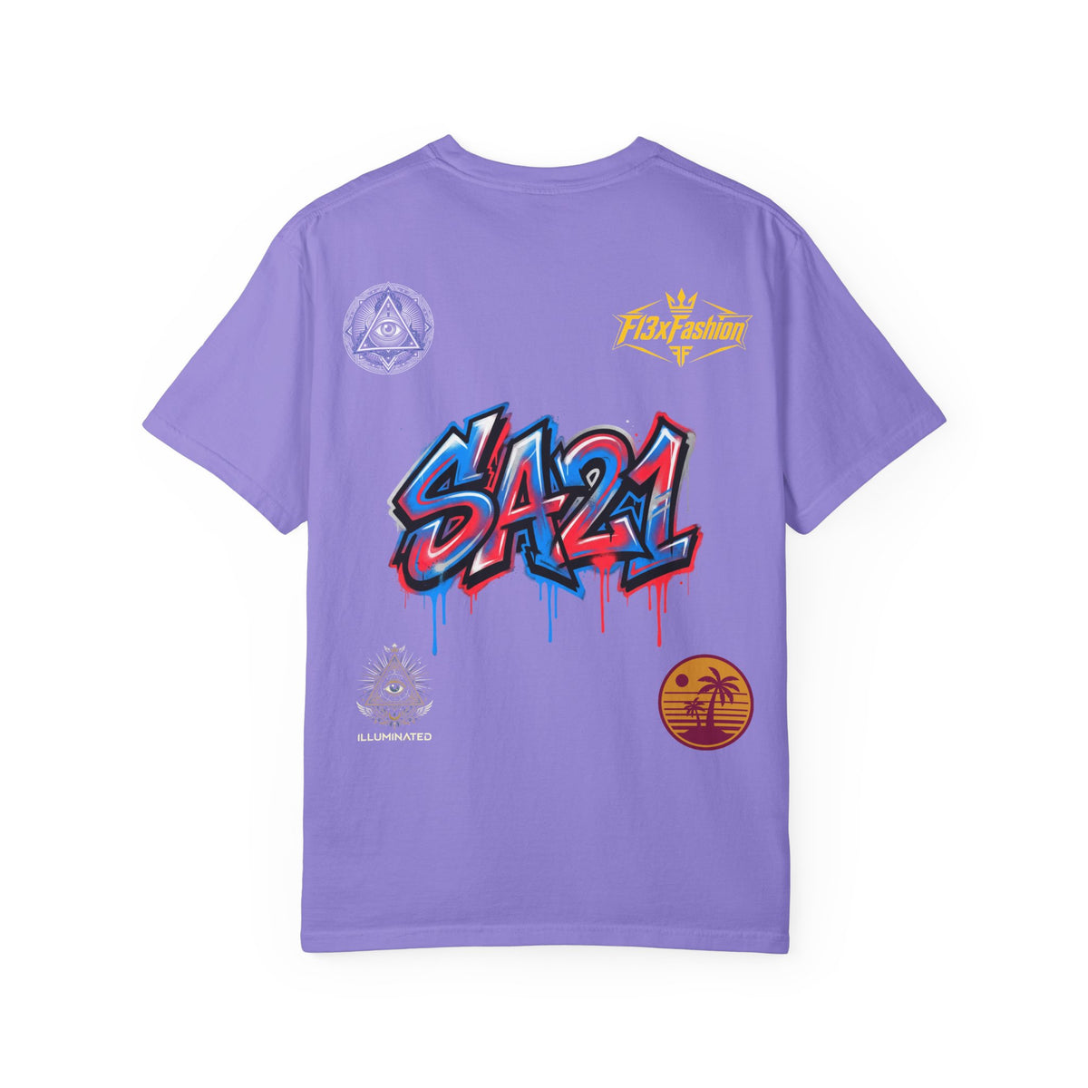 SA21 Graffiti T-Shirt — Urban Streetwear Tee with Drip Art & Tropical Patch