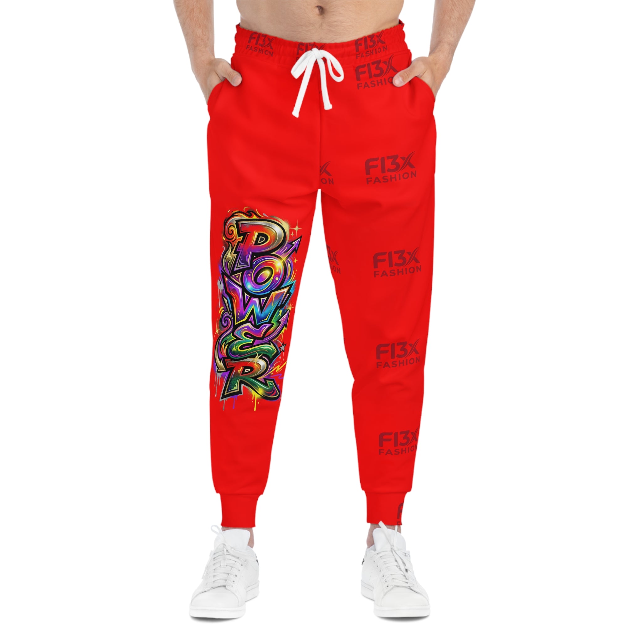 Red Graffiti 'Power' Athletic Joggers — Bold Streetwear Sweatpants with Dragon Sword Graphic
