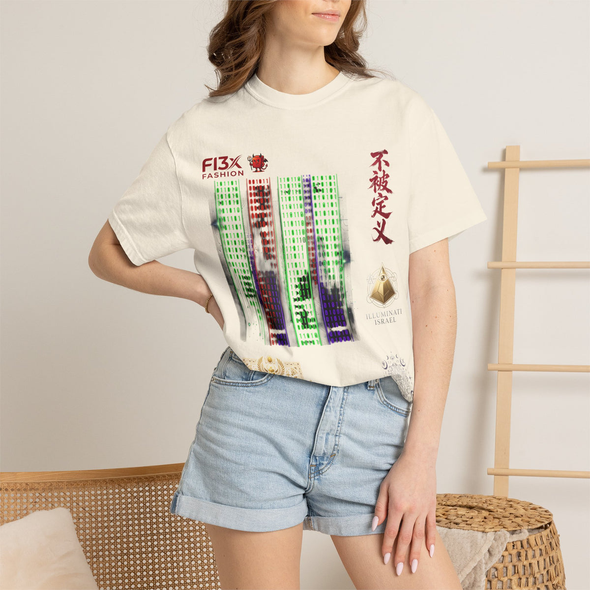 Graphic T-Shirt — Futuristic Cityscape Design with Japanese Calligraphy