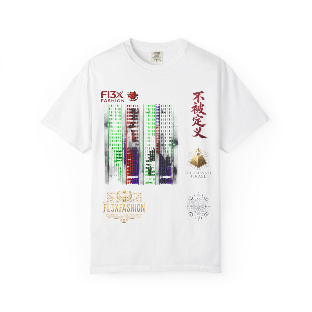 Graphic T-Shirt — Futuristic Cityscape Design with Japanese Calligraphy