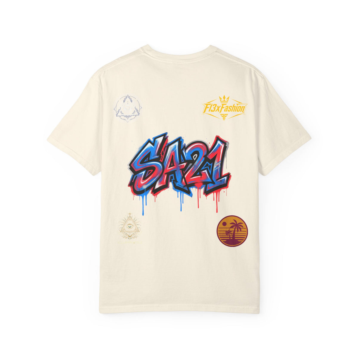 SA21 Graffiti T-Shirt — Urban Streetwear Tee with Drip Art & Tropical Patch