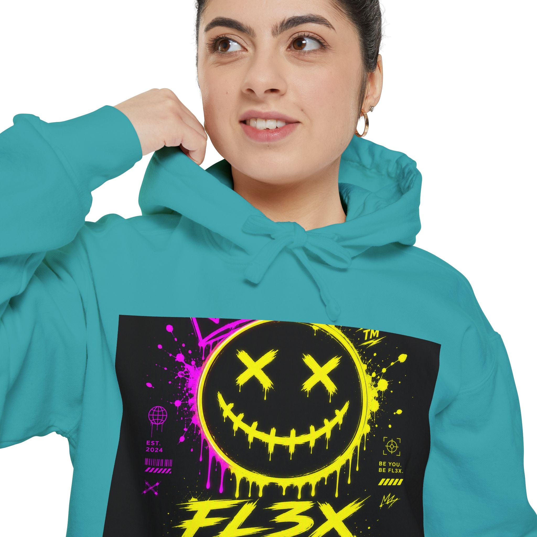 Graffiti Smiley Hoodie — FL3X Neon Streetwear Pullover