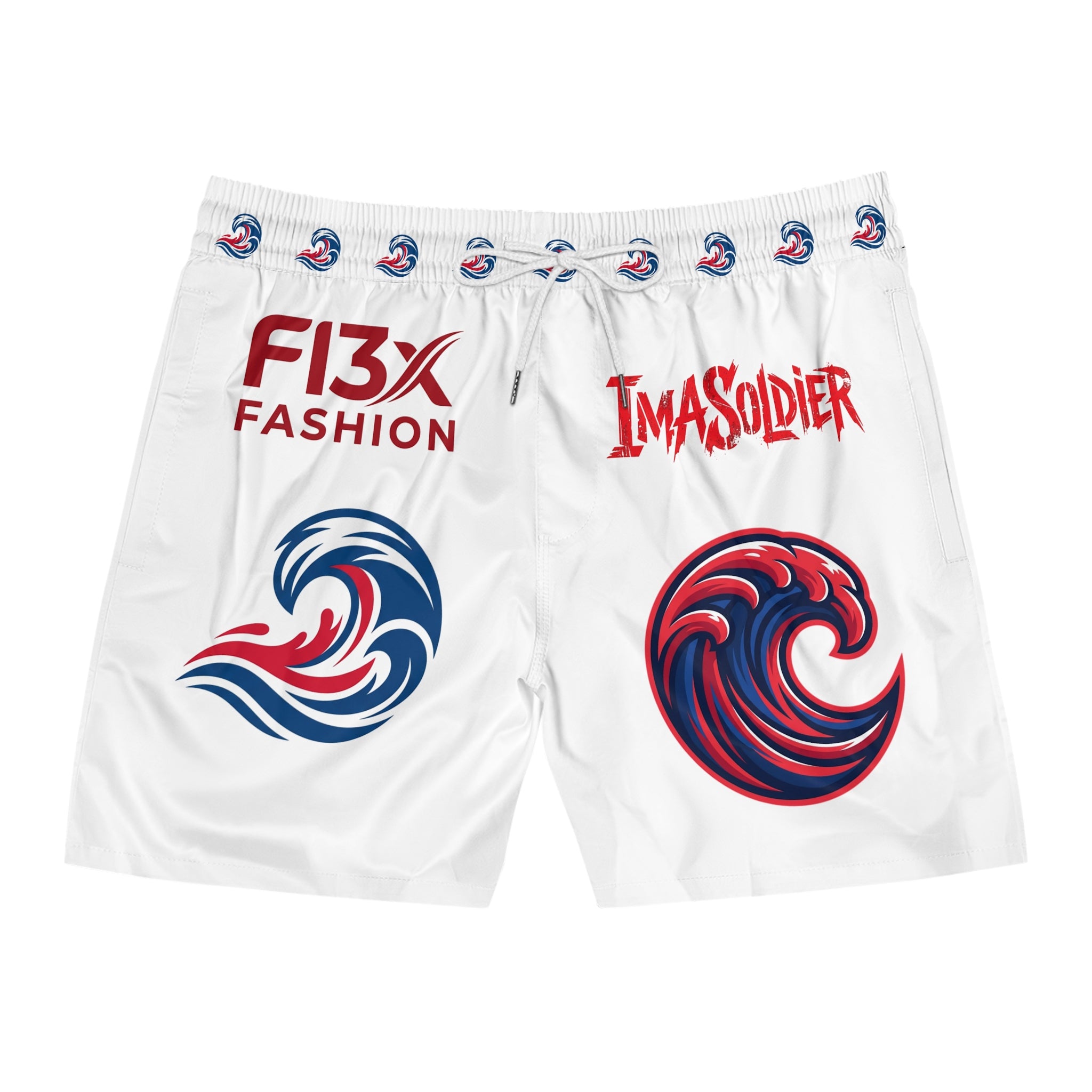 Men's Swim Shorts — Red & Blue Wave Logo Boardshorts with 'F13X Fashion' & 'ImaSoldier'