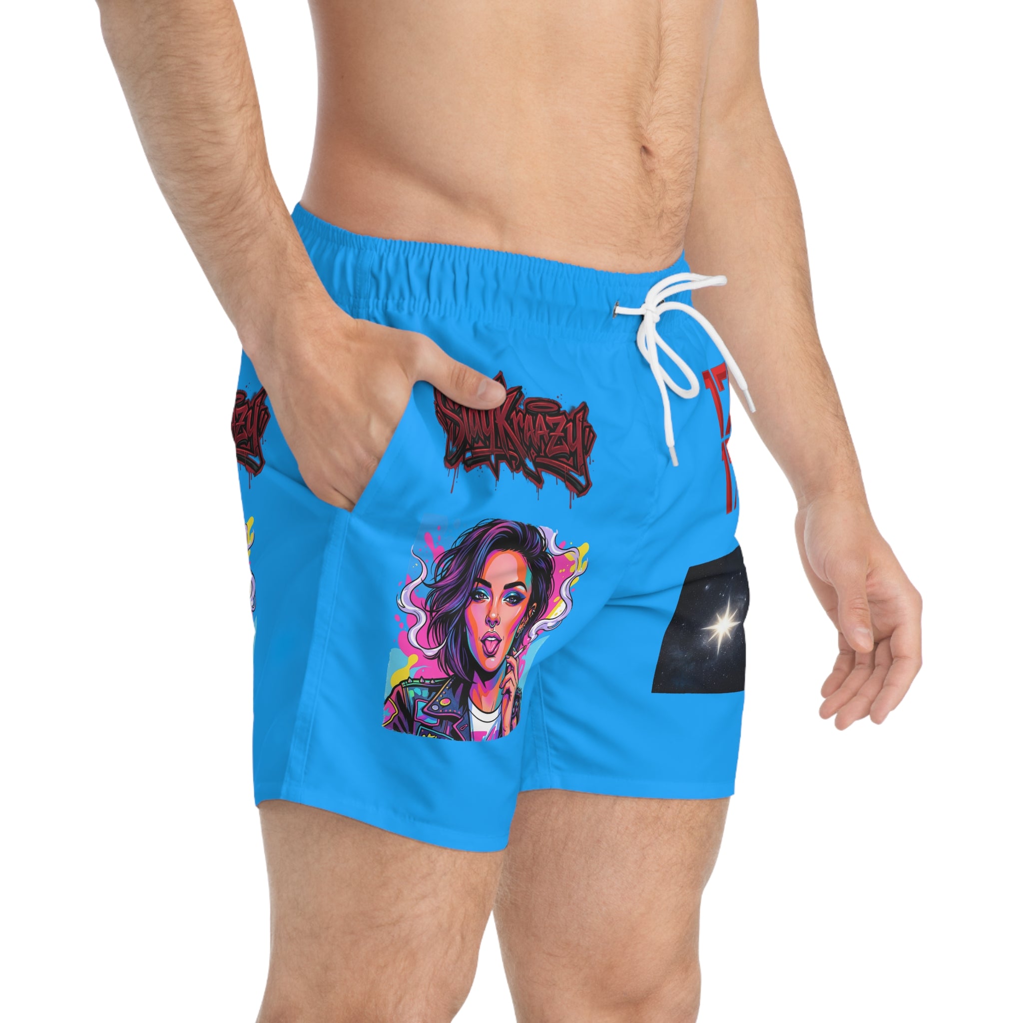 Blue Graphic Swim Trunks — Retro Pop Art Woman, '17' & Star Patch