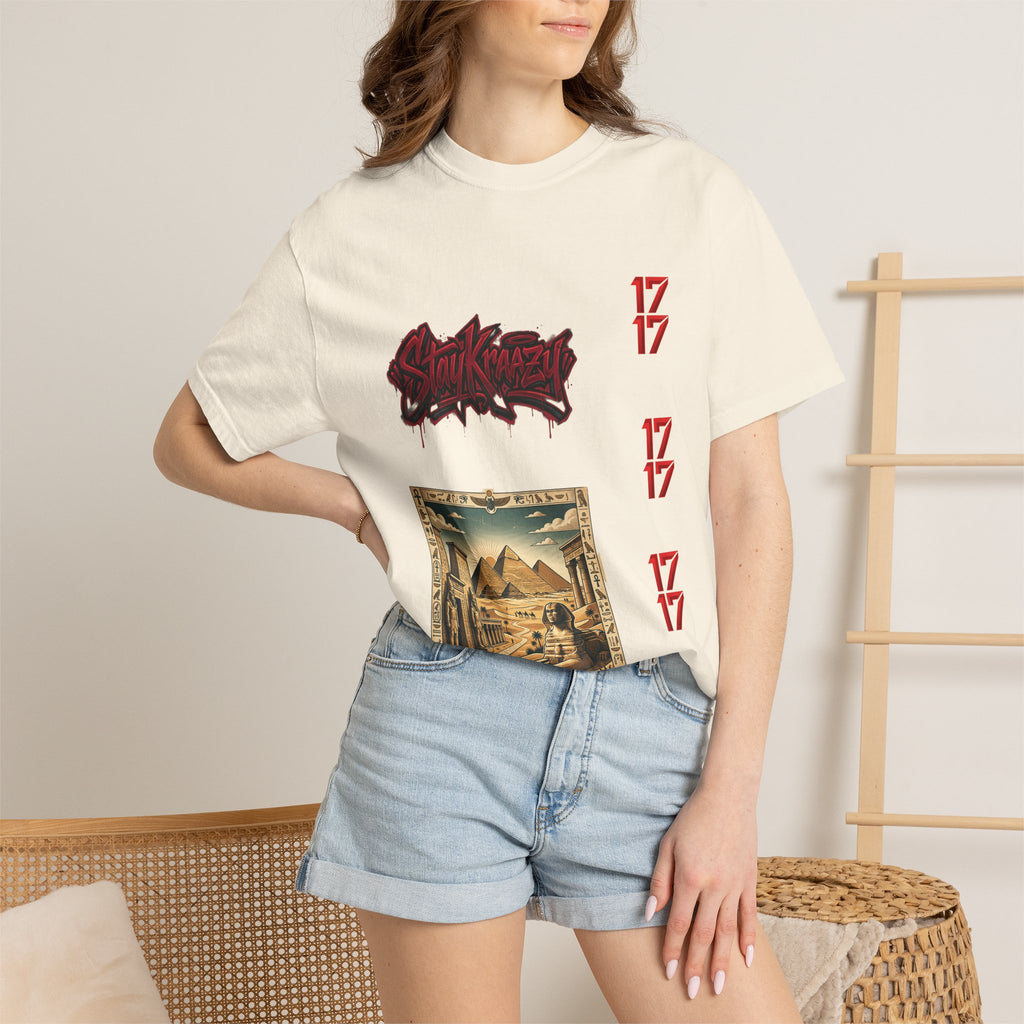 Graphic T-Shirt — Vintage Pyramid Collage with 'Wanted' Drip Design