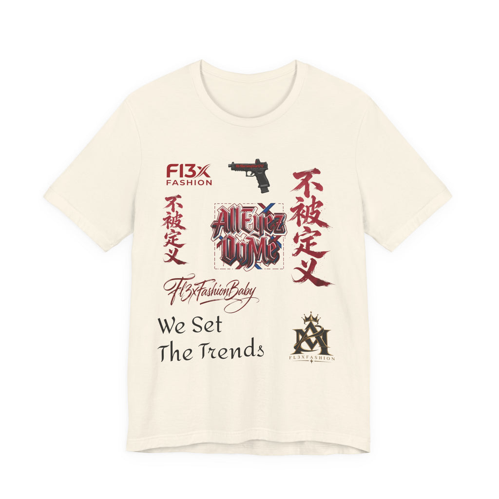 Graphic Tee — 'We Set The Trends' Streetwear T-Shirt with Asian Script & Gun Motifs