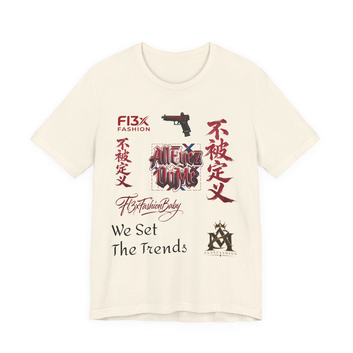 Graphic Tee — 'We Set The Trends' Streetwear T-Shirt with Asian Script & Gun Motifs