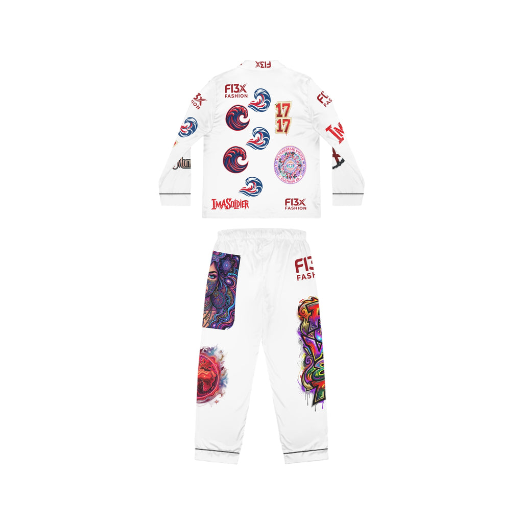 Graphic Satin Pajama Set — White All‑Over Print Loungewear