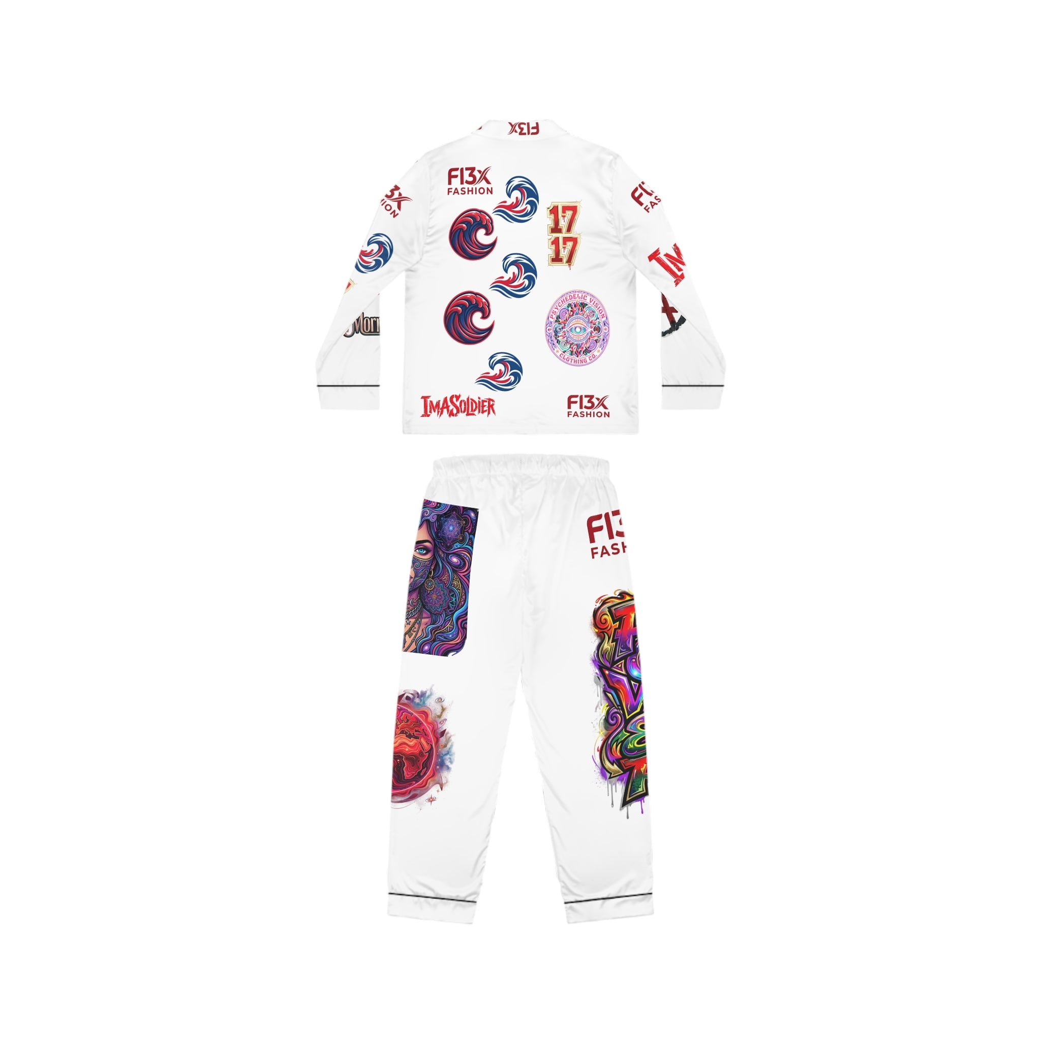 Graphic Satin Pajama Set — White All‑Over Print Loungewear