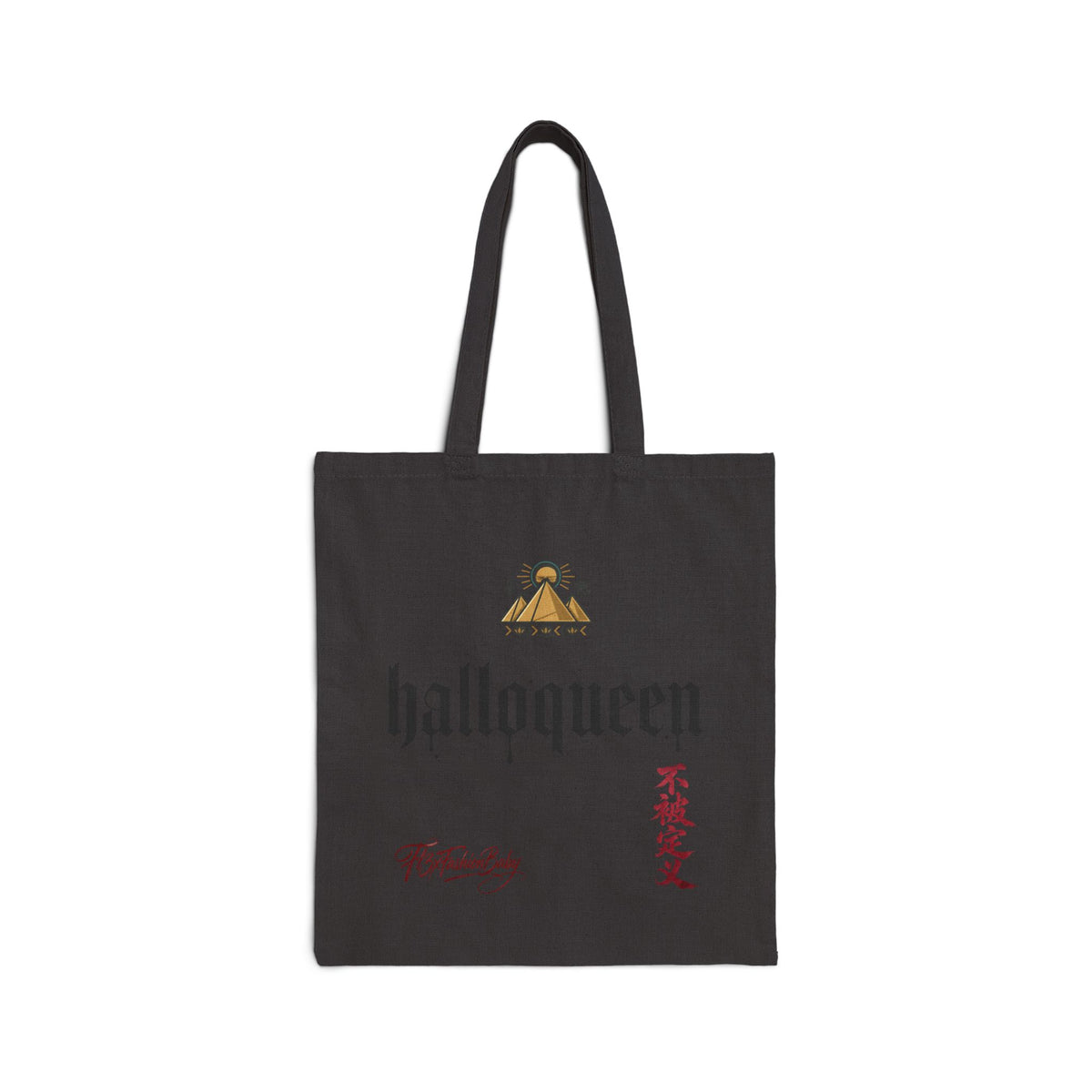 HalloQueen Cotton Canvas Tote Bag — Gothic Script Pumpkin Crown Design