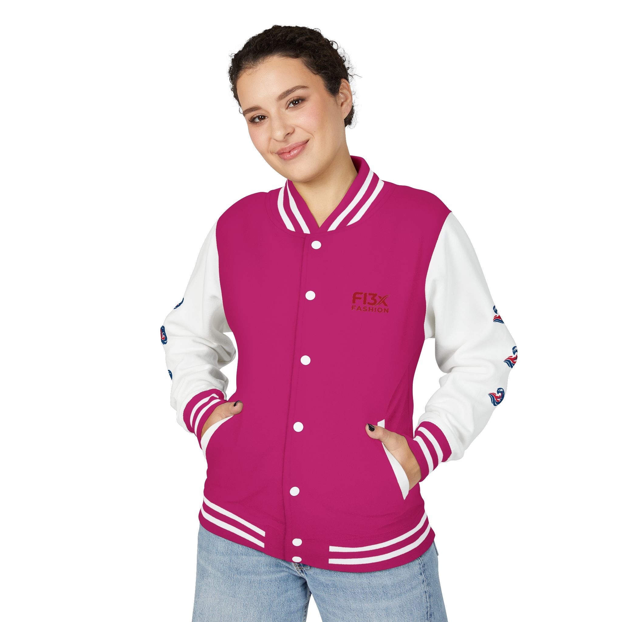 Letterman Jacket — Red Wave Graphic Varsity Jacket with 'F13X Fashion' Logo