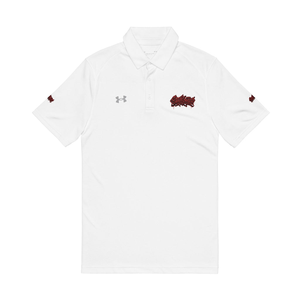 Embroidered Men’s Performance Polo — White with Red Script Logo