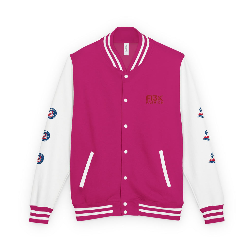 Letterman Jacket — Red Wave Graphic Varsity Jacket with 'F13X Fashion' Logo