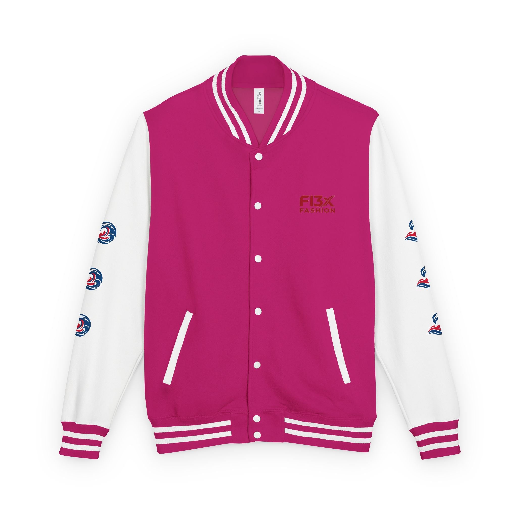 Letterman Jacket — Red Wave Graphic Varsity Jacket with 'F13X Fashion' Logo