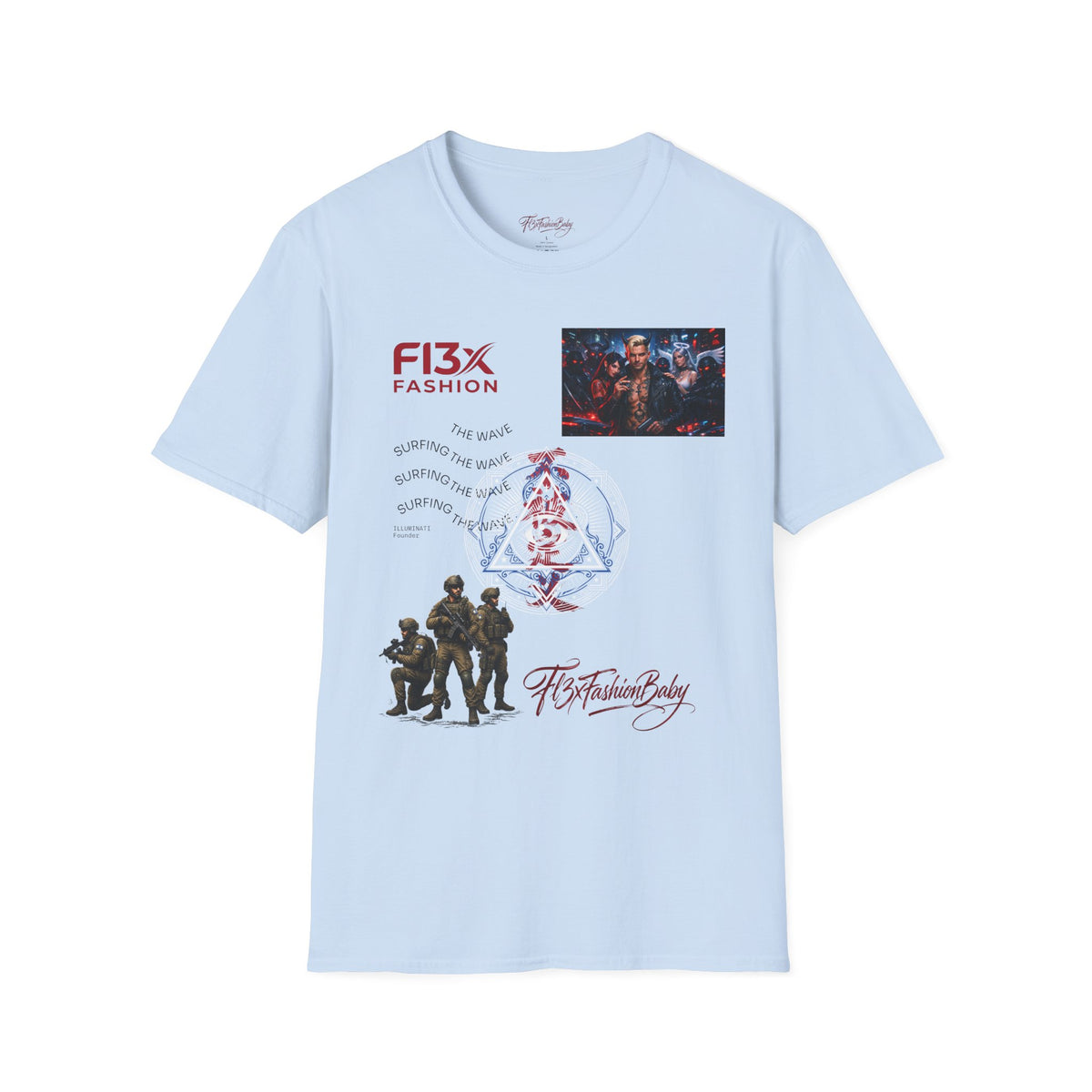 Graphic T-Shirt — F13X Fashion Collage Tee (Surfing Wave & Retro Crew)