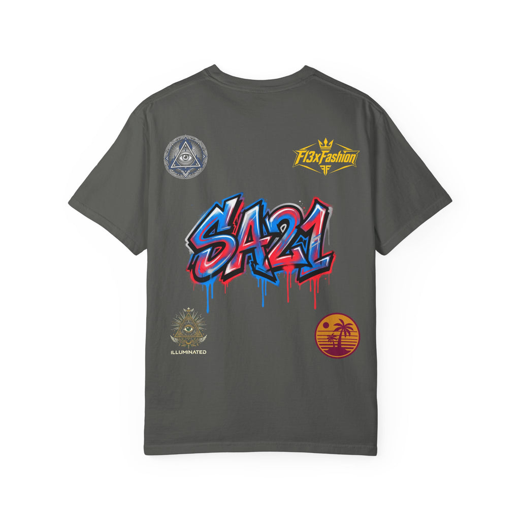 SA21 Graffiti T-Shirt — Urban Streetwear Tee with Drip Art & Tropical Patch