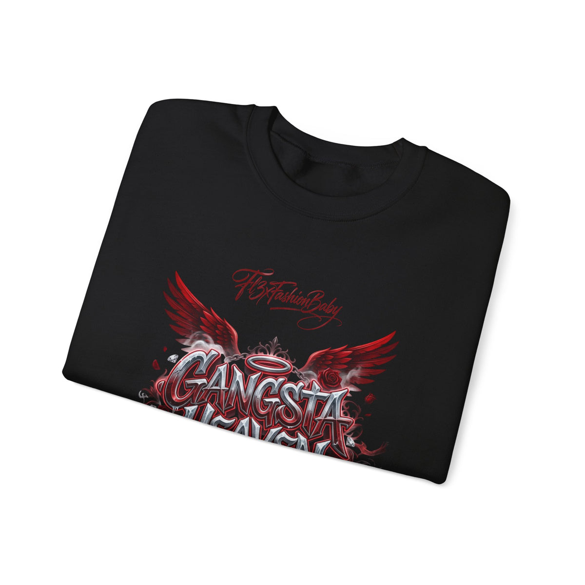 Crewneck Sweatshirt — 'Gangsta 4LsaVii' Gothic Wings Graphic