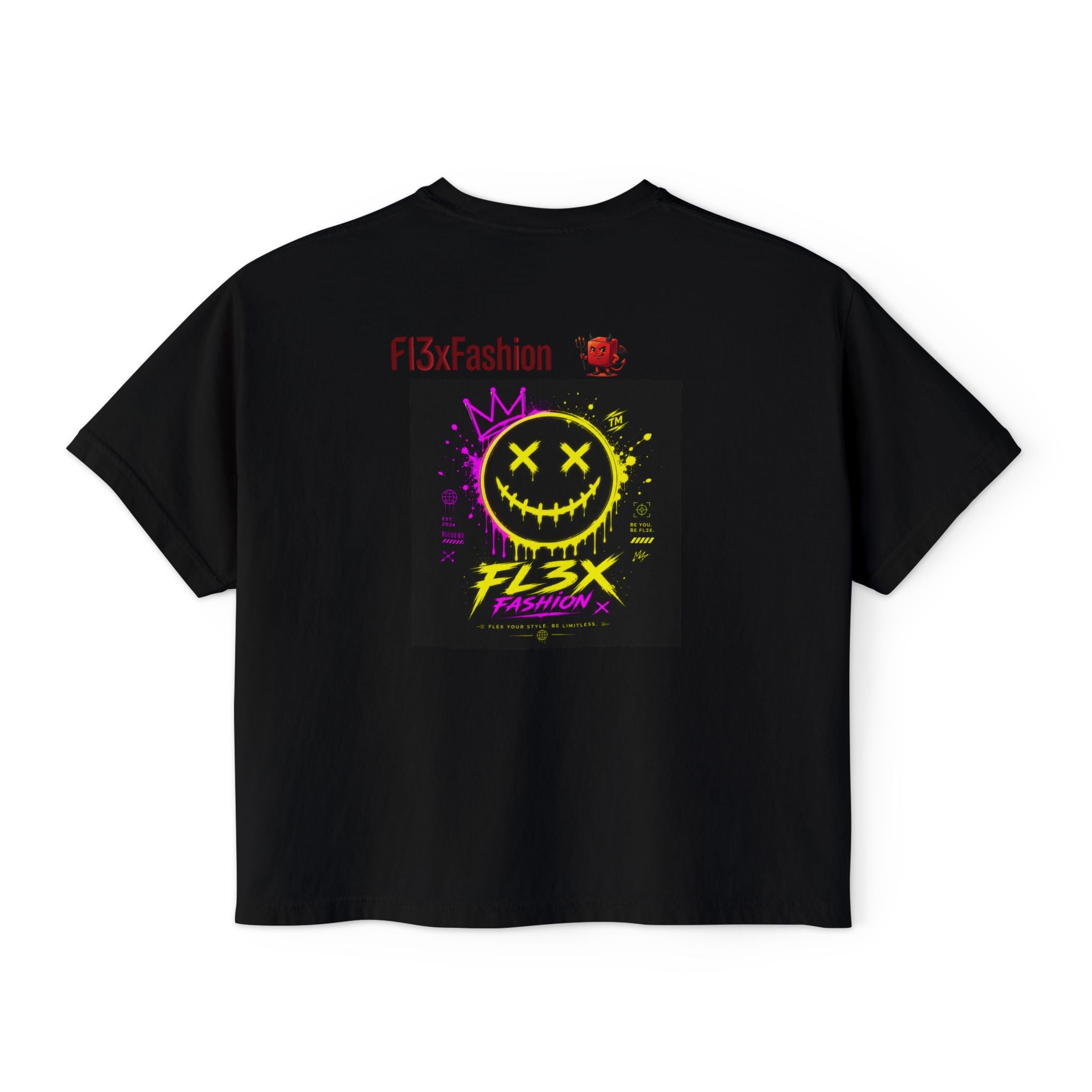 Women's Boxy Tee - Neon Smiley "FL3X" Graphic Streetwear