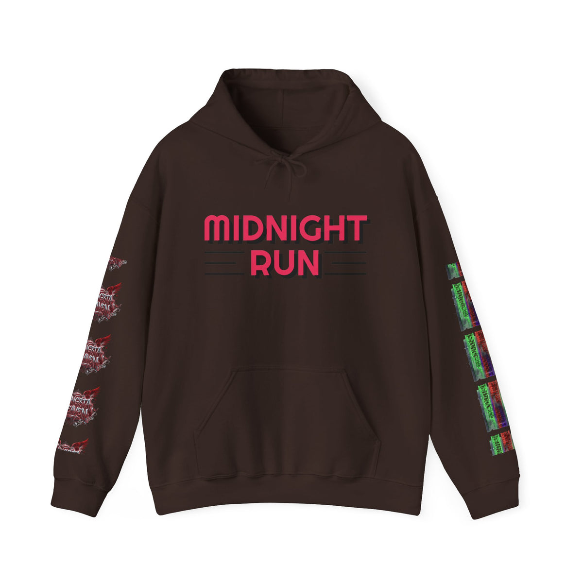 Midnight Run Hoodie — Graphic Streetwear Pullover with Sleeve Prints