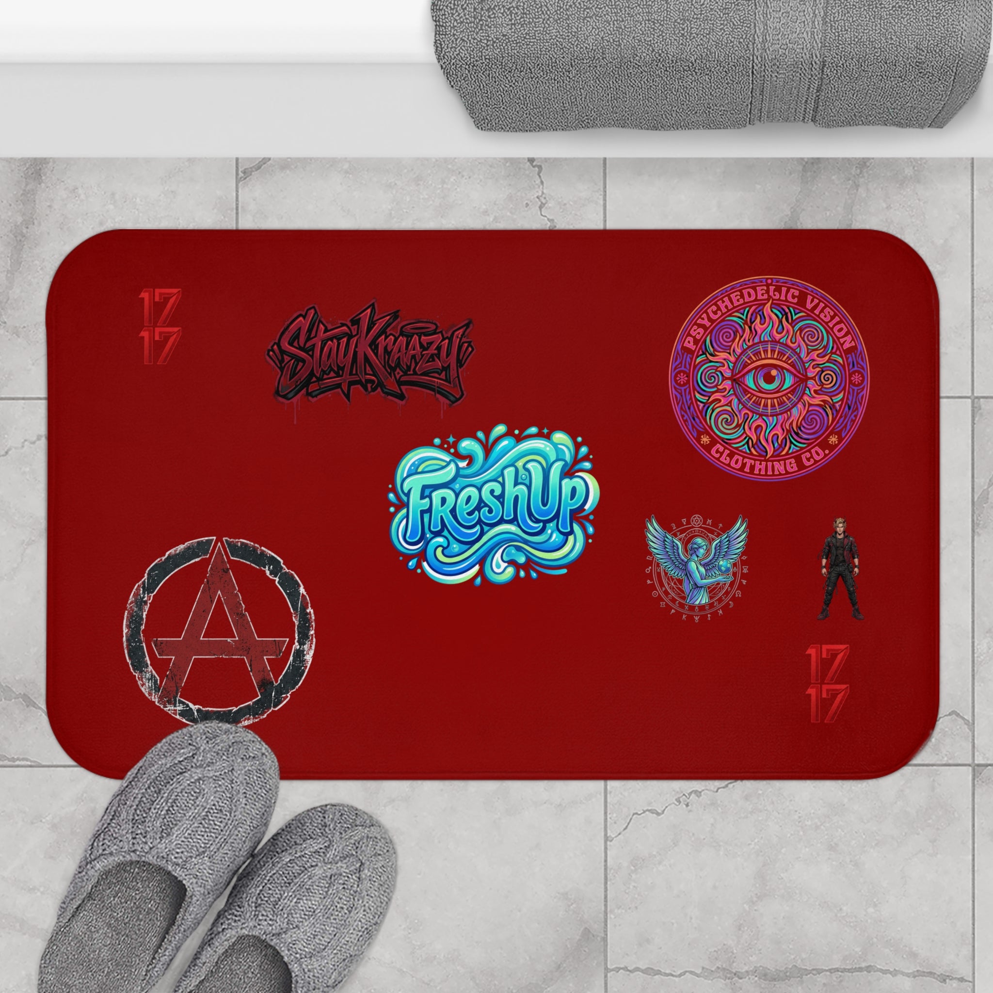 Red Graphic Sticker-Style Bath Mat — Anarchy, FreshUp & Psychedelic Emblems