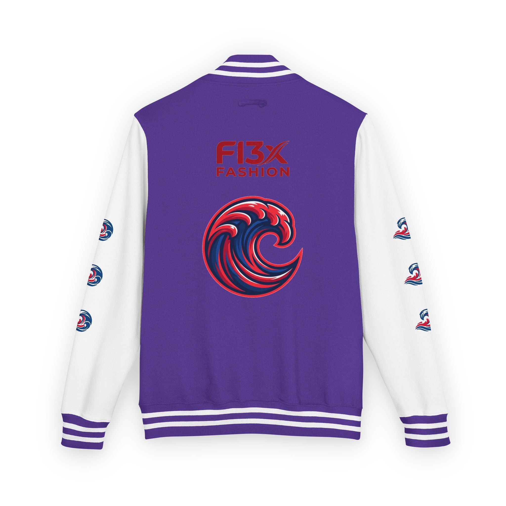 Letterman Jacket — Red Wave Graphic Varsity Jacket with 'F13X Fashion' Logo