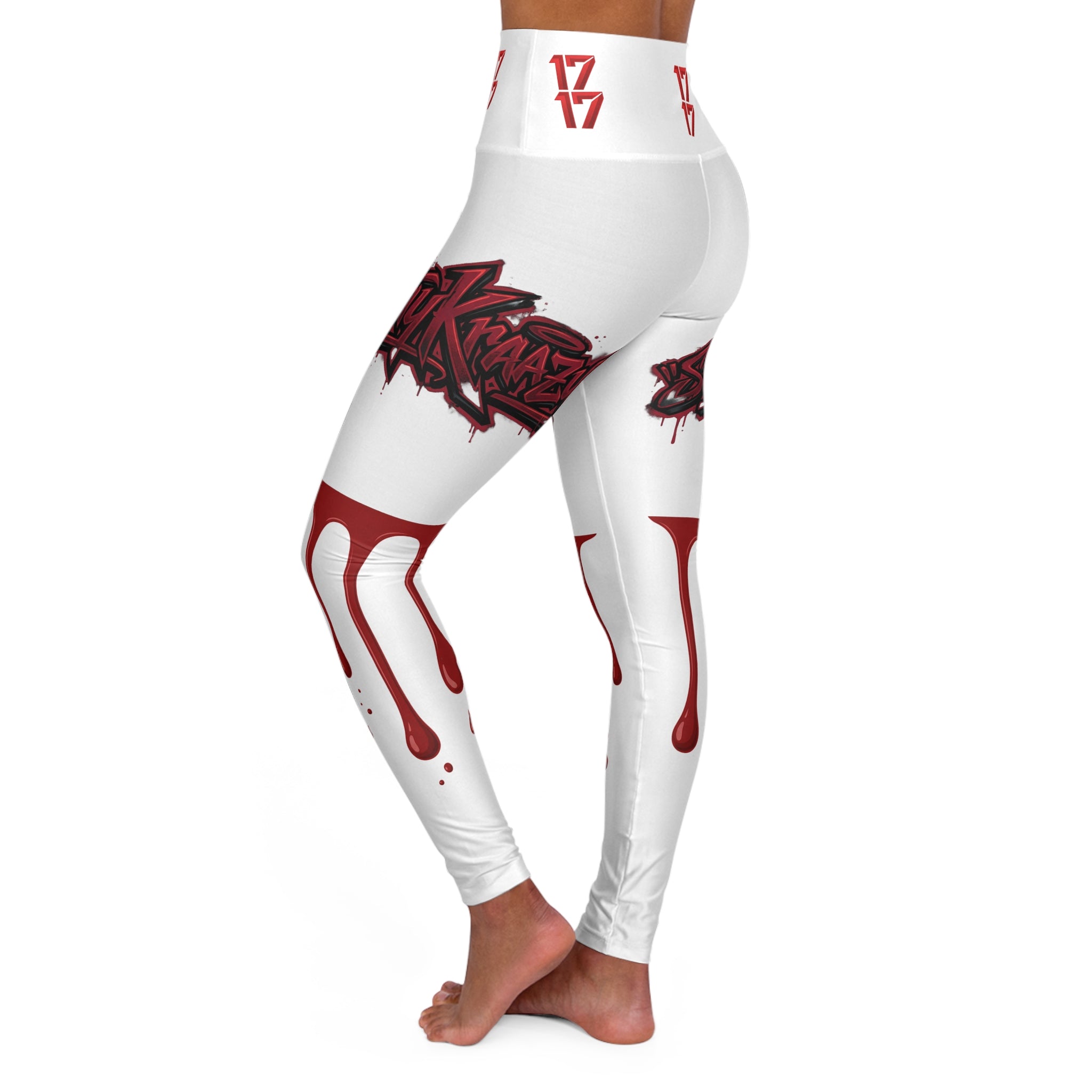 High-Waist Yoga Leggings — Dripping Blood & Graffiti Skull Graphic