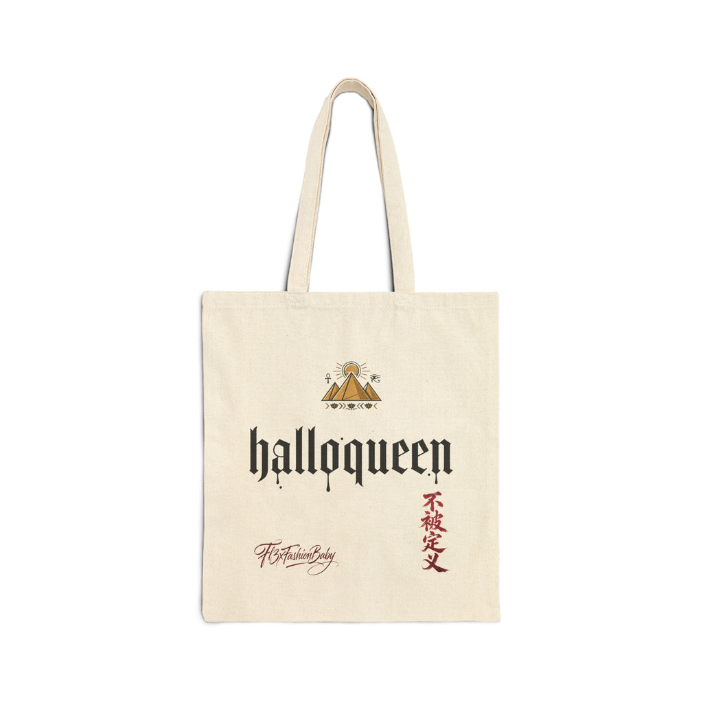 HalloQueen Cotton Canvas Tote Bag — Gothic Script Pumpkin Crown Design