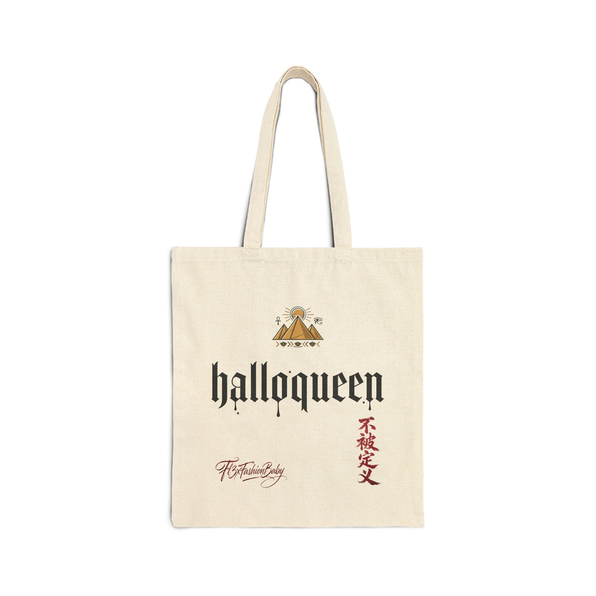 HalloQueen Cotton Canvas Tote Bag — Gothic Script Pumpkin Crown Design