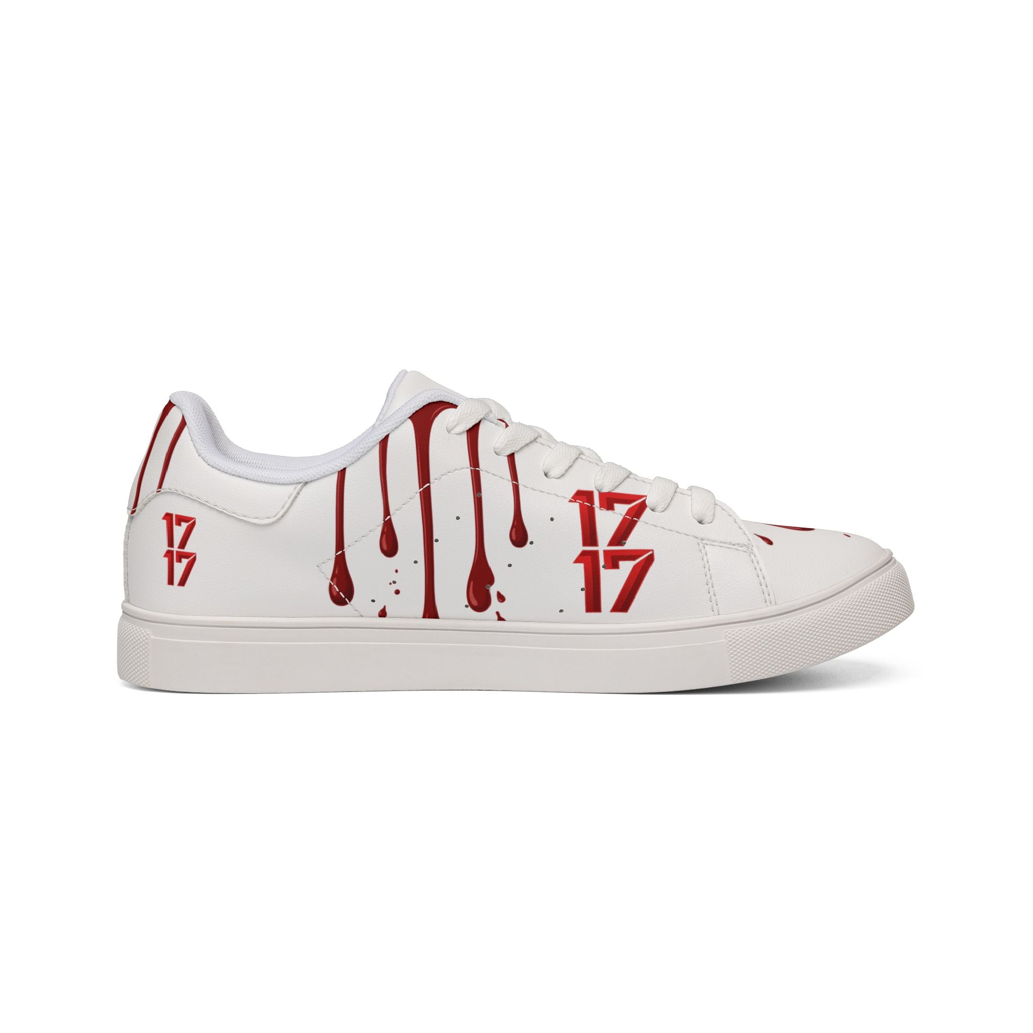 Leather Sneakers — White Low-Top with Red Drip & "17" Graphic