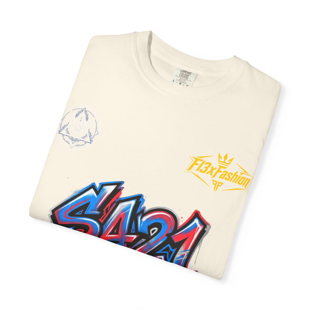 SA21 Graffiti T-Shirt — Urban Streetwear Tee with Drip Art & Tropical Patch