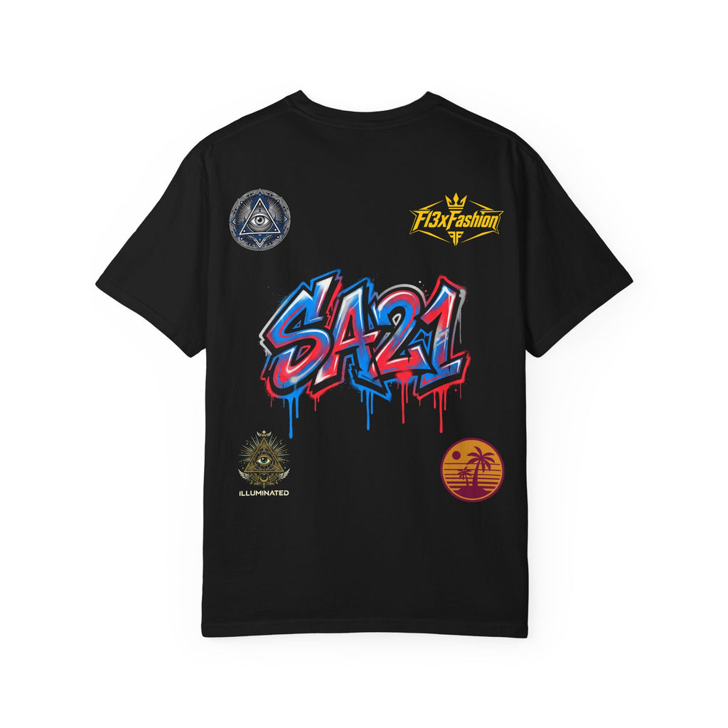 SA21 Graffiti T-Shirt — Urban Streetwear Tee with Drip Art & Tropical Patch
