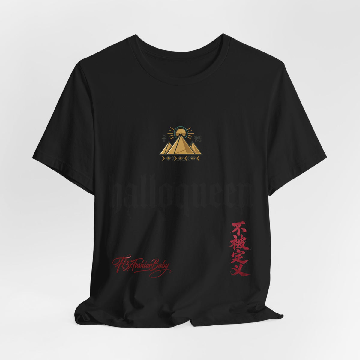 Halloqueen Graphic Tee — Gothic Script Halloween T‑Shirt with Pyramid & Asian Calligraphy
