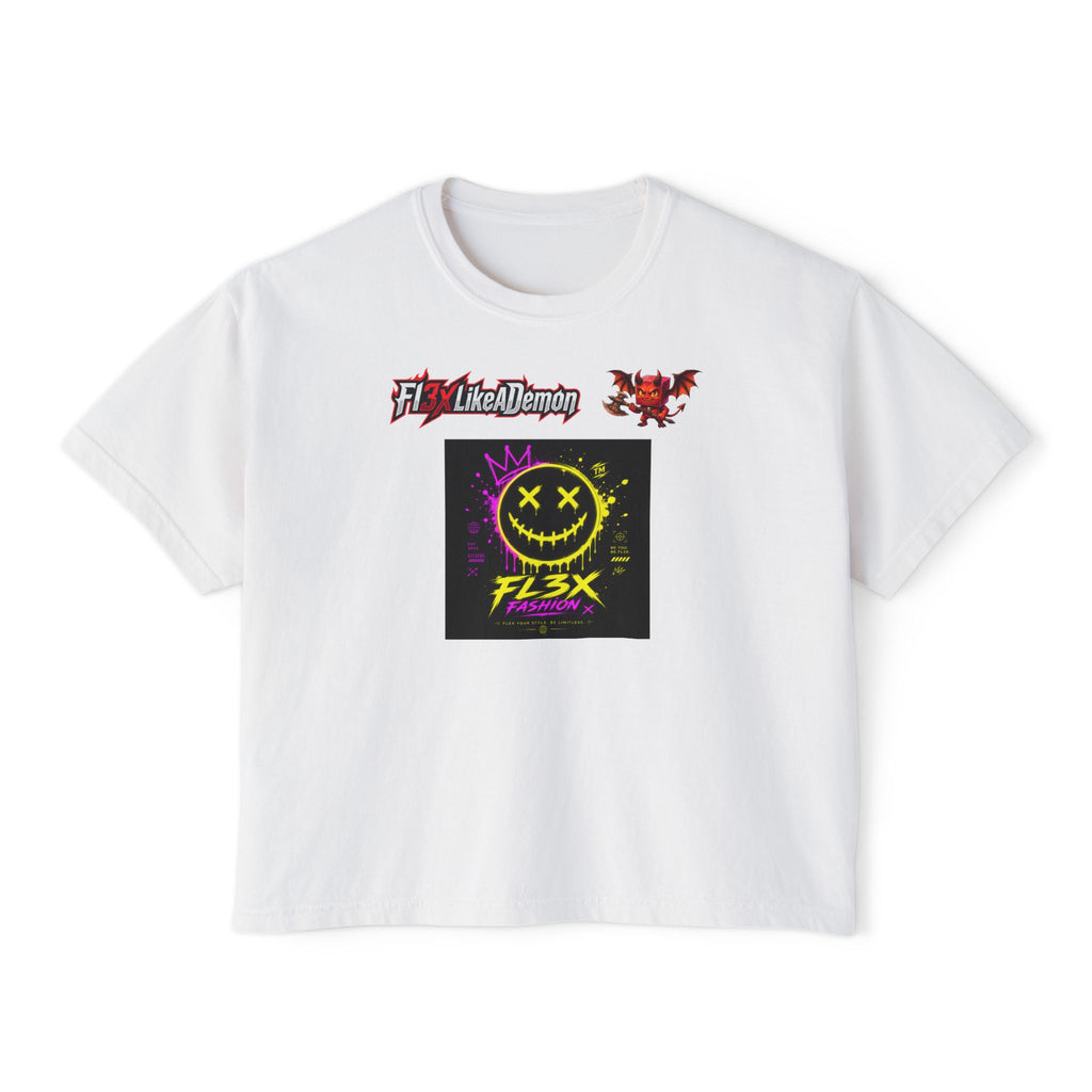 Women's Boxy Tee - Neon Smiley "FL3X" Graphic Streetwear