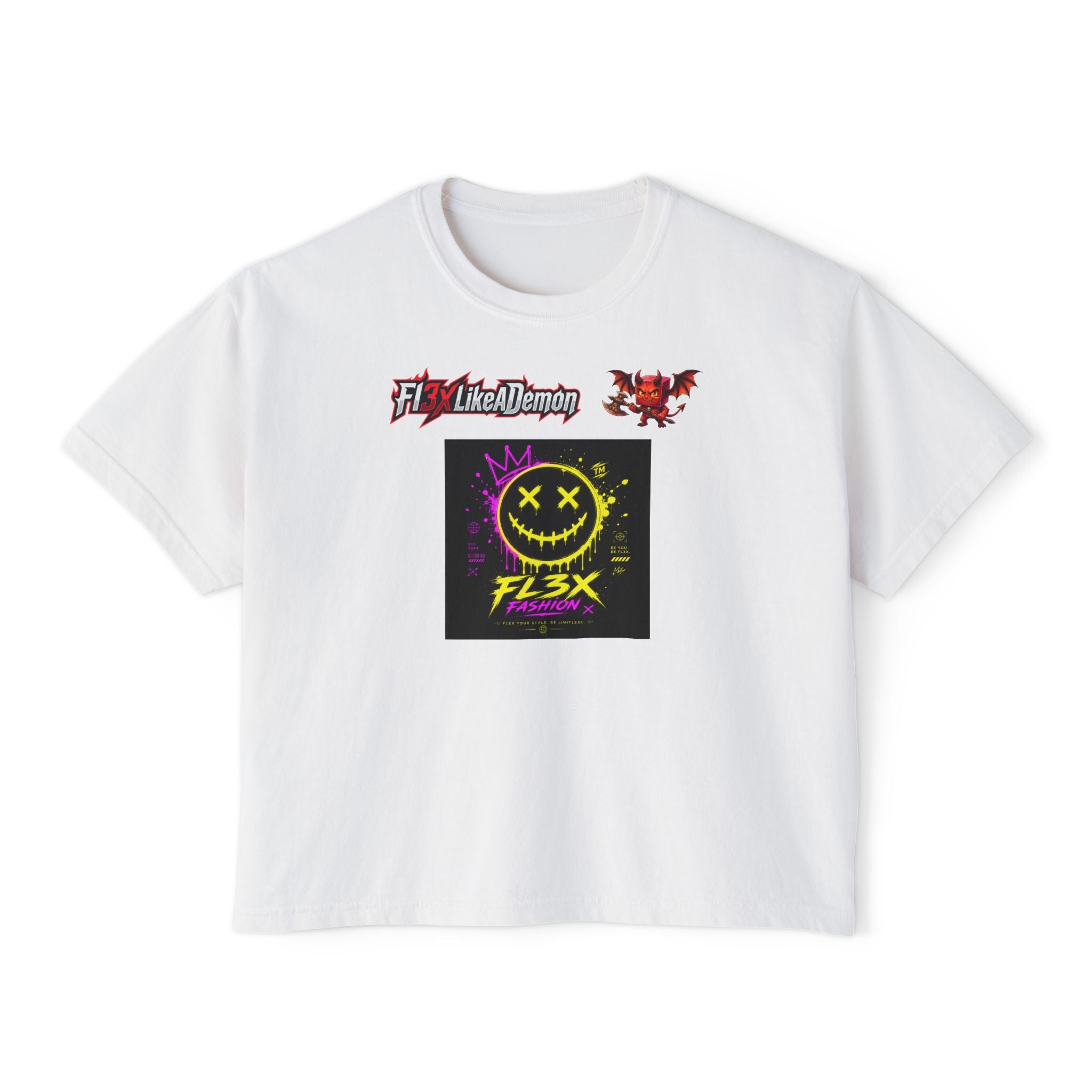 Women's Boxy Tee - Neon Smiley "FL3X" Graphic Streetwear