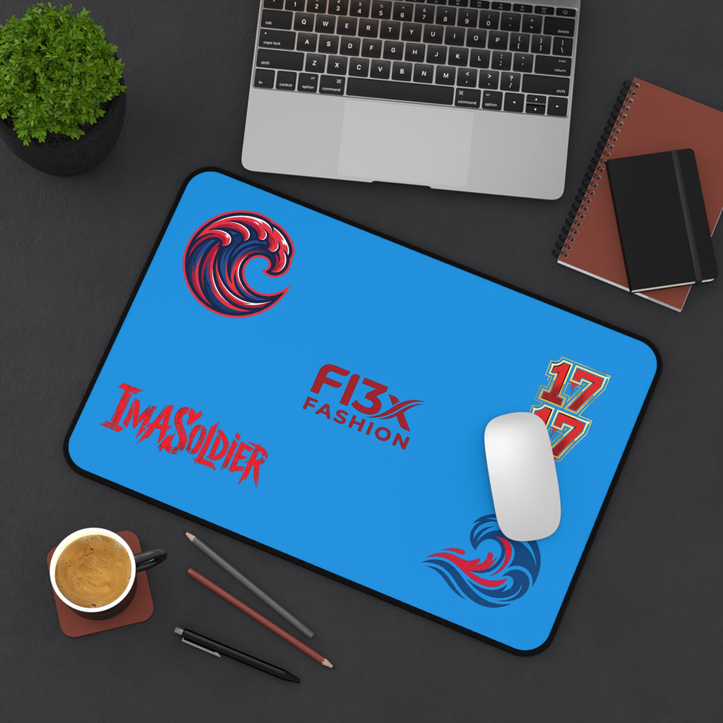 Blue Gamer Desk Mat — 'ImASoldier' & F13x Fashion Logo Mouse Pad