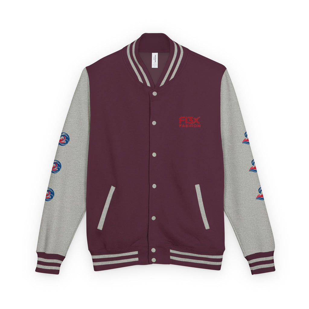 Letterman Jacket — Red Wave Graphic Varsity Jacket with 'F13X Fashion' Logo