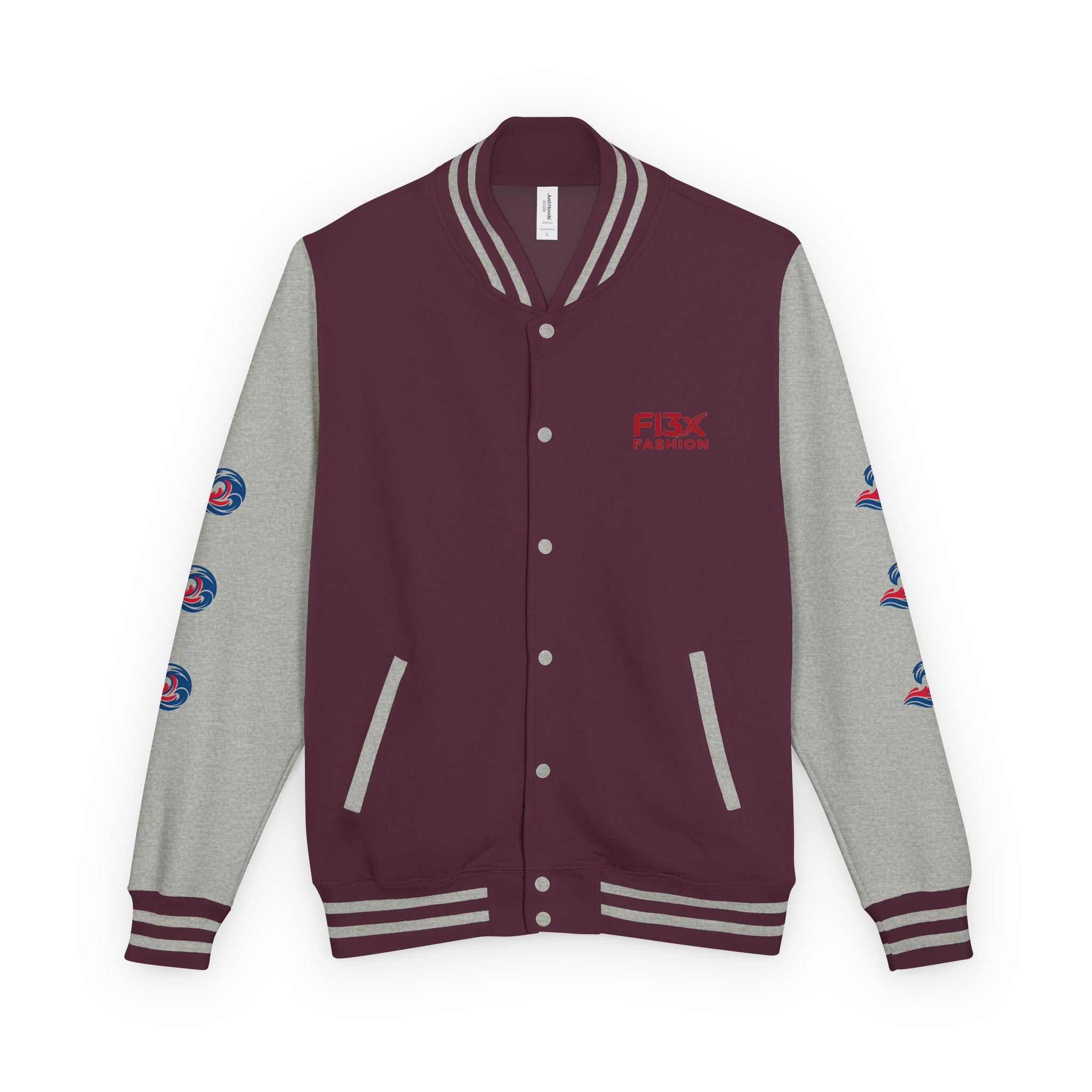 Letterman Jacket — Red Wave Graphic Varsity Jacket with 'F13X Fashion' Logo