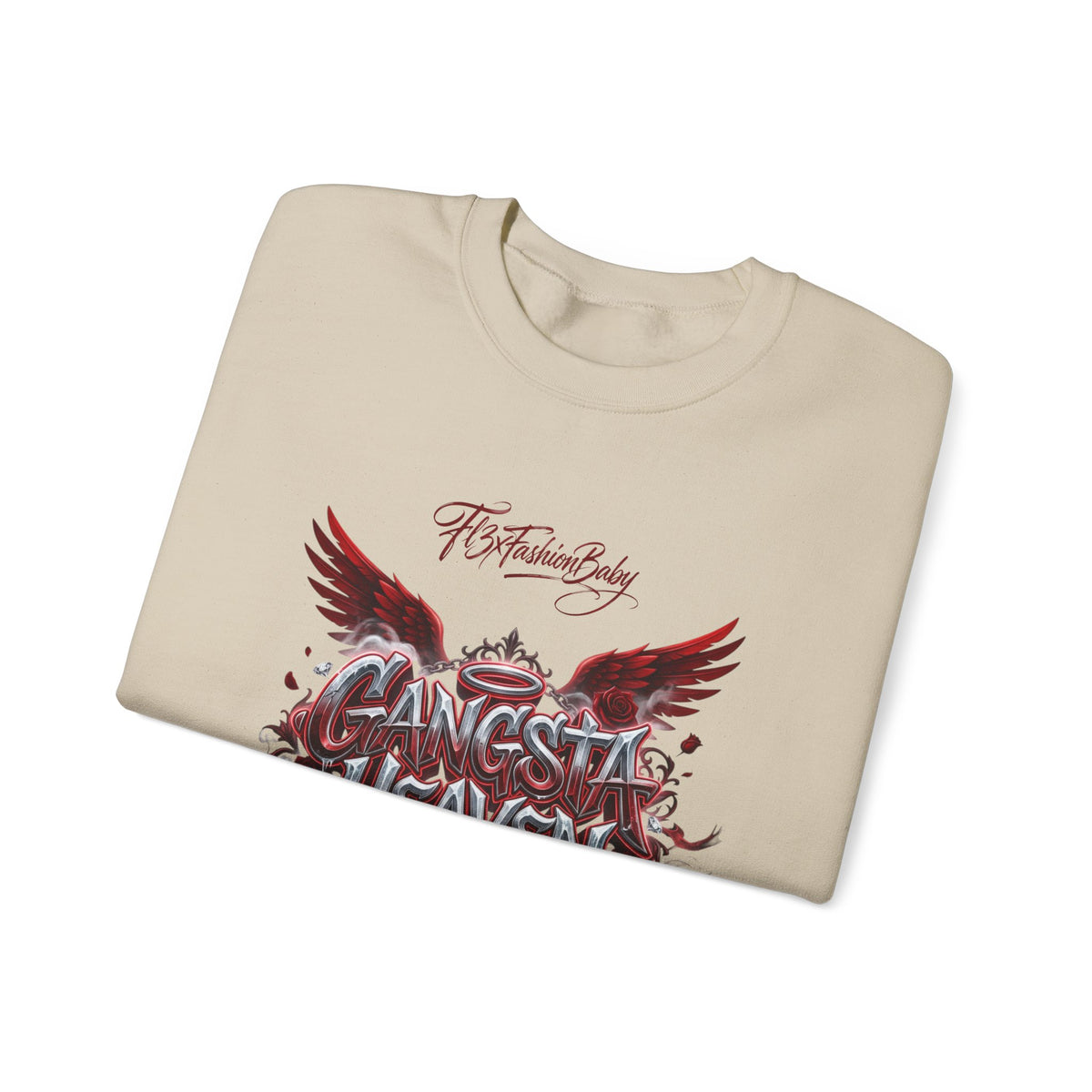 Crewneck Sweatshirt — 'Gangsta 4LsaVii' Gothic Wings Graphic