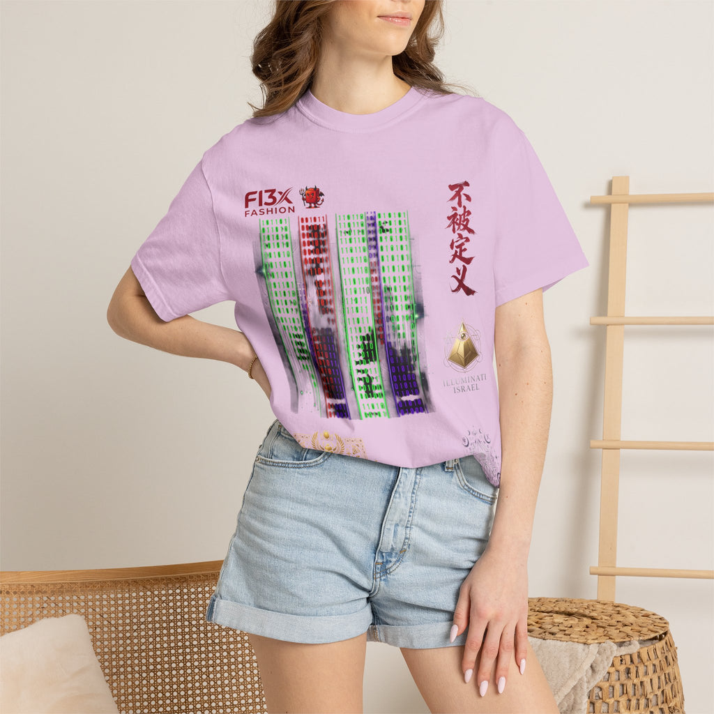 Graphic T-Shirt — Futuristic Cityscape Design with Japanese Calligraphy