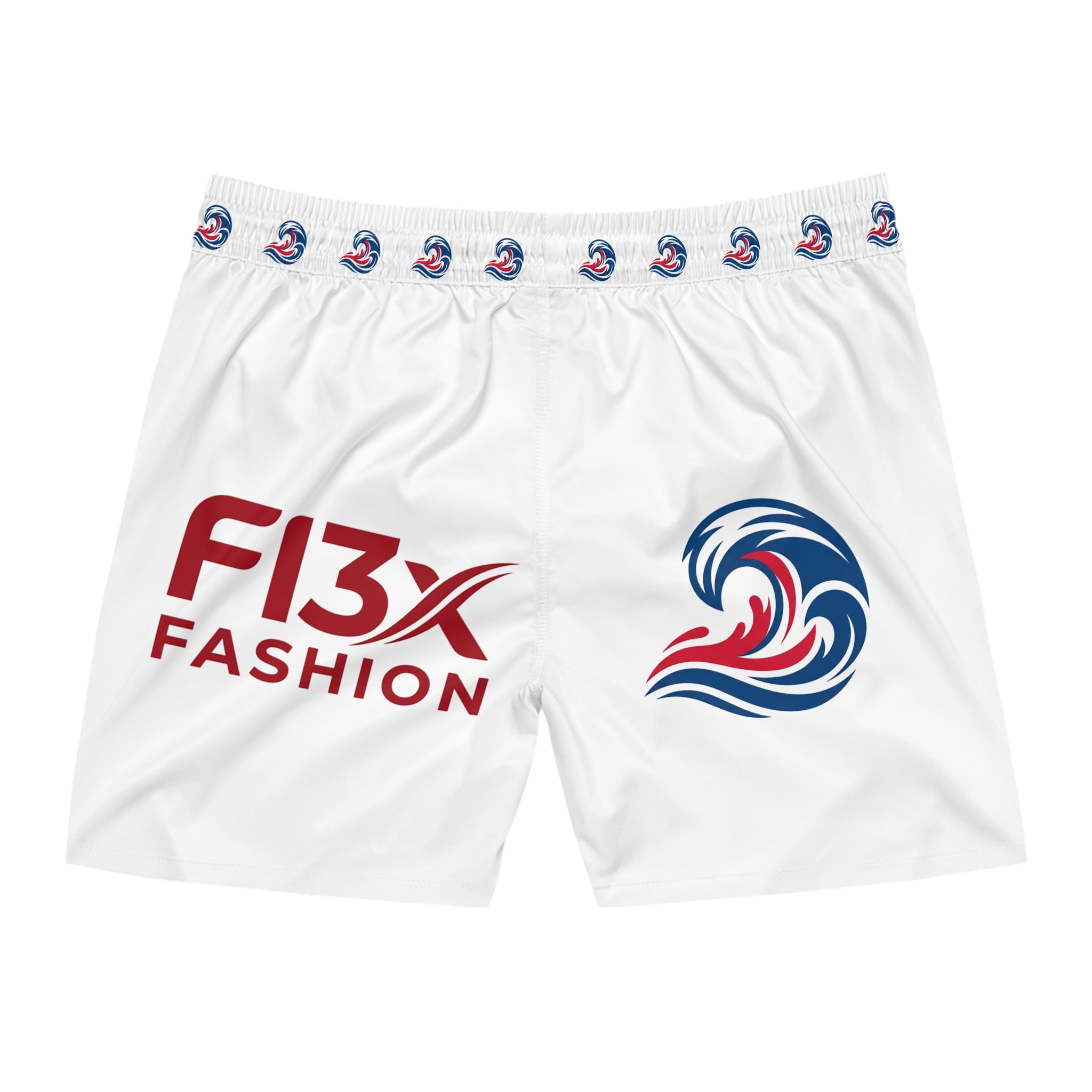 Men's Swim Shorts — Red & Blue Wave Logo Boardshorts with 'F13X Fashion' & 'ImaSoldier'