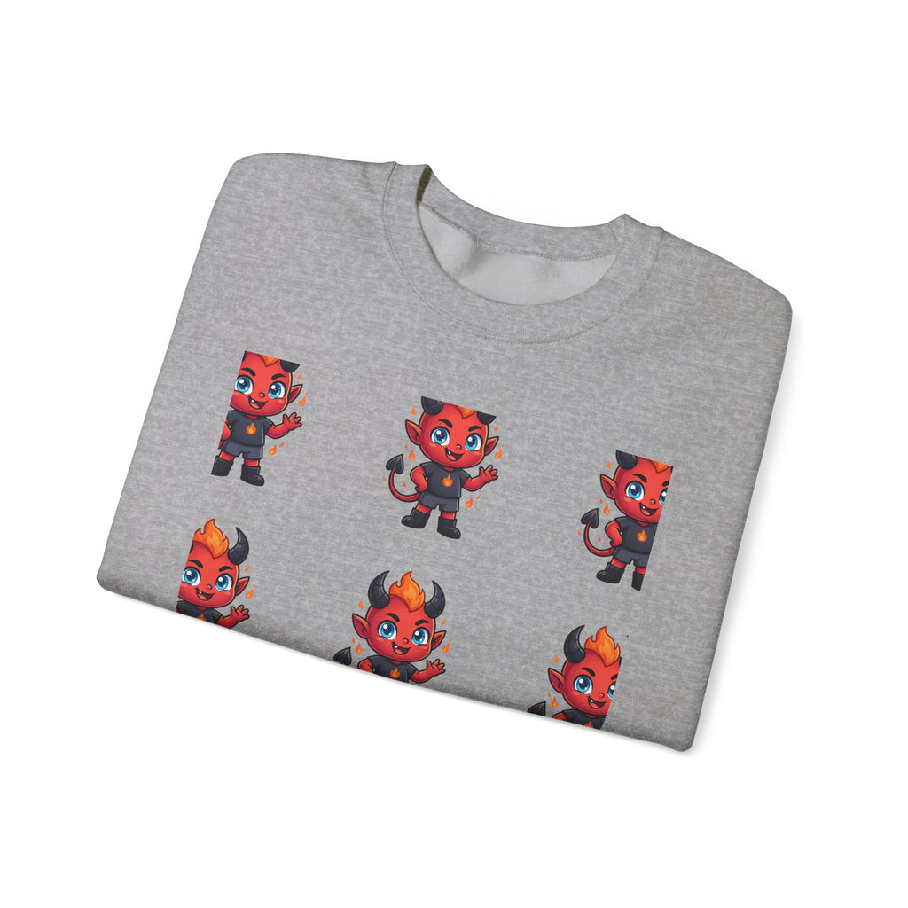 Cute Devil Character Grid Sweatshirt — Cartoon Demon Pattern Crewneck