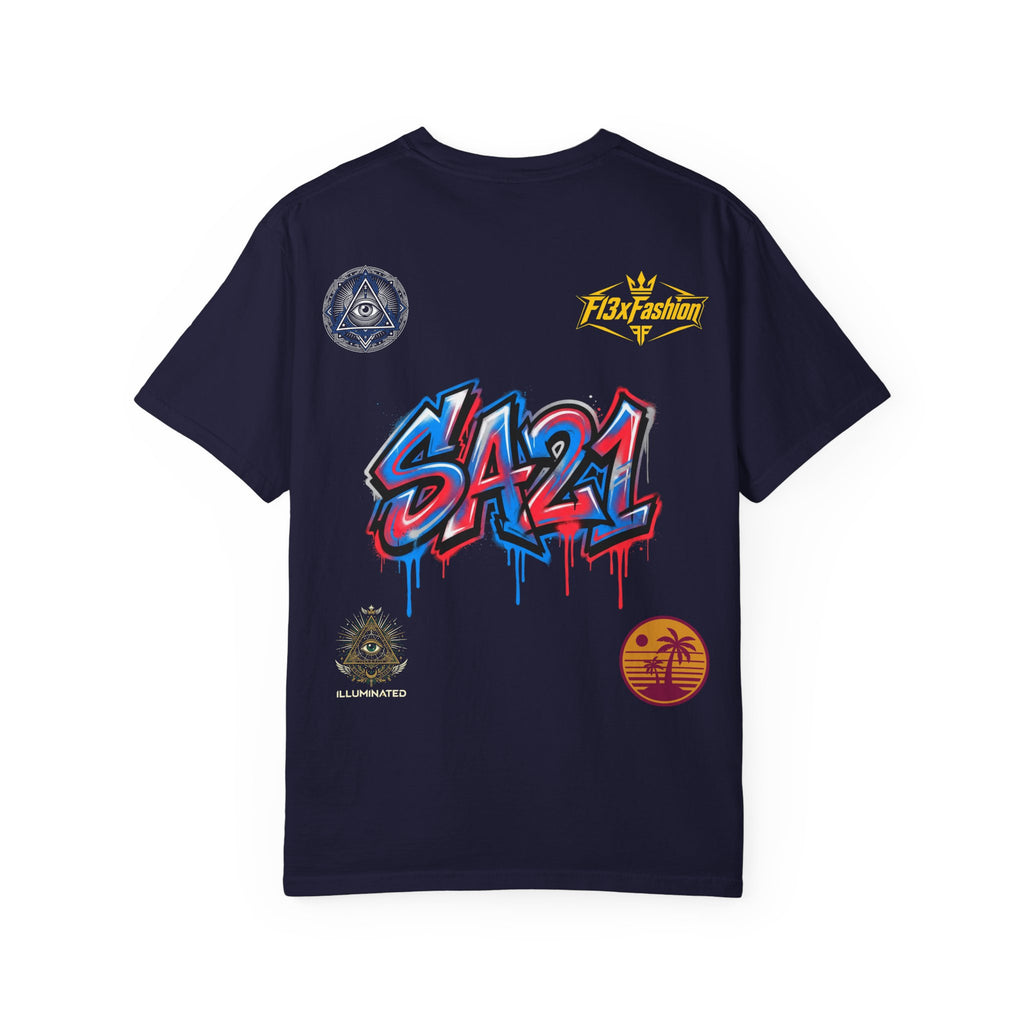 SA21 Graffiti T-Shirt — Urban Streetwear Tee with Drip Art & Tropical Patch