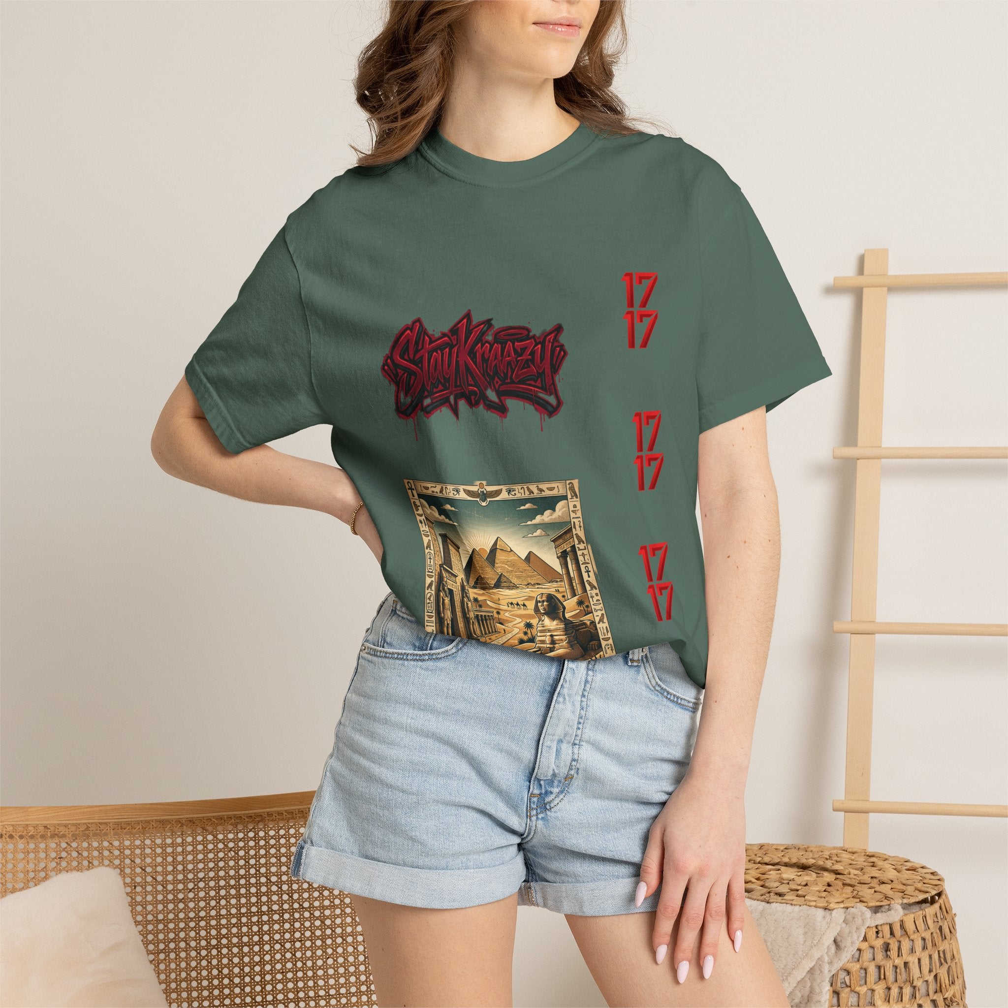 Graphic T-Shirt — Vintage Pyramid Collage with 'Wanted' Drip Design