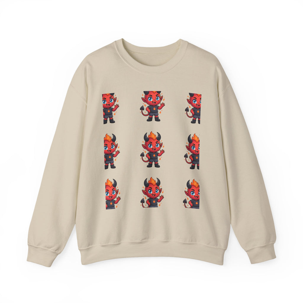 Cute Devil Character Grid Sweatshirt — Cartoon Demon Pattern Crewneck
